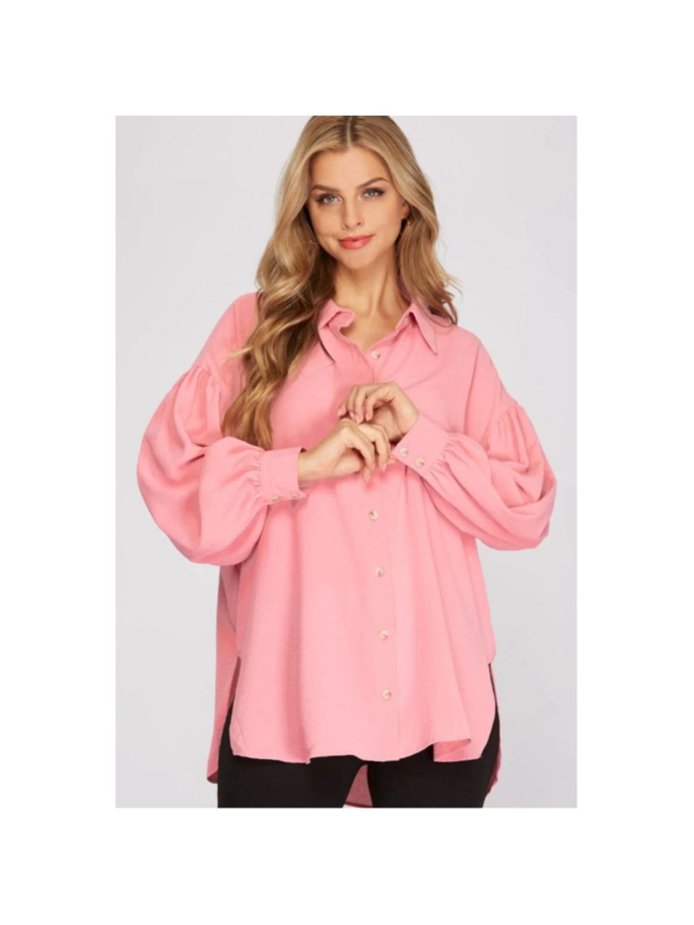 Rose Pink Button Down Blouse Balloon Sleeve Flowy Top Size Medium